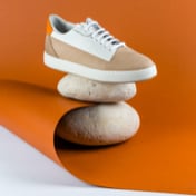 light beige suede sneakers. Front-side view